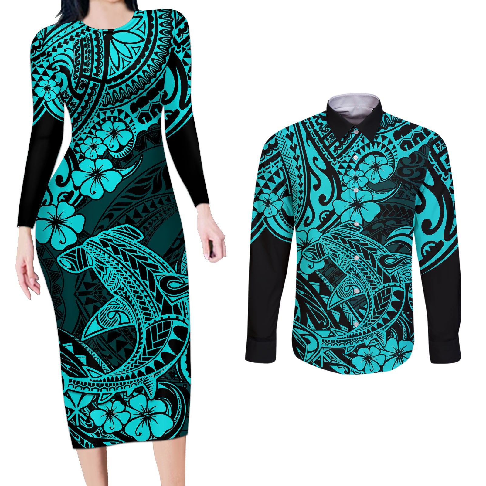 Hawaii Shark Couples Matching Long Sleeve Bodycon Dress and Long Sleeve Button Shirts Polynesian Pattern Turquoise Version - Wonder Print Shop