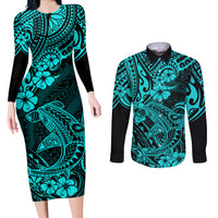 Hawaii Shark Couples Matching Long Sleeve Bodycon Dress and Long Sleeve Button Shirts Polynesian Pattern Turquoise Version - Wonder Print Shop