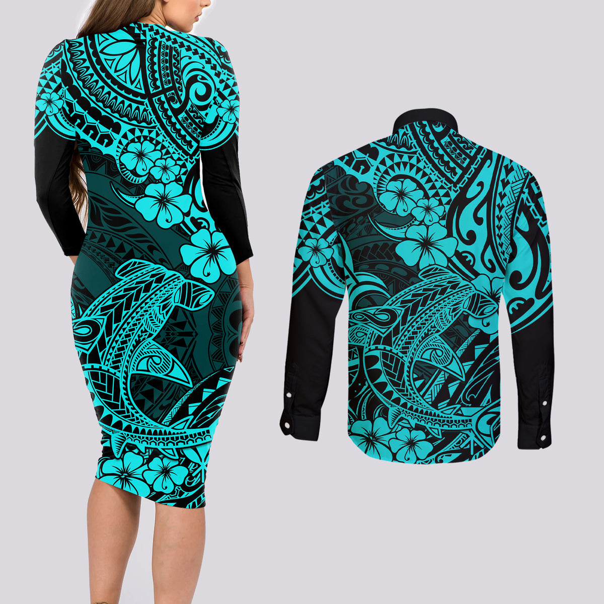 Hawaii Shark Couples Matching Long Sleeve Bodycon Dress and Long Sleeve Button Shirts Polynesian Pattern Turquoise Version - Wonder Print Shop
