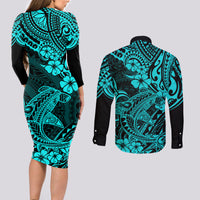Hawaii Shark Couples Matching Long Sleeve Bodycon Dress and Long Sleeve Button Shirts Polynesian Pattern Turquoise Version - Wonder Print Shop