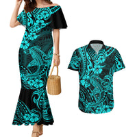 Hawaii Shark Couples Matching Mermaid Dress and Hawaiian Shirt Polynesian Pattern Turquoise Version - Wonder Print Shop