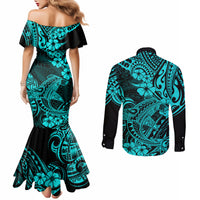 hawaii-shark-couples-matching-mermaid-dress-and-long-sleeve-button-shirts-polynesian-pattern-turquoise-version
