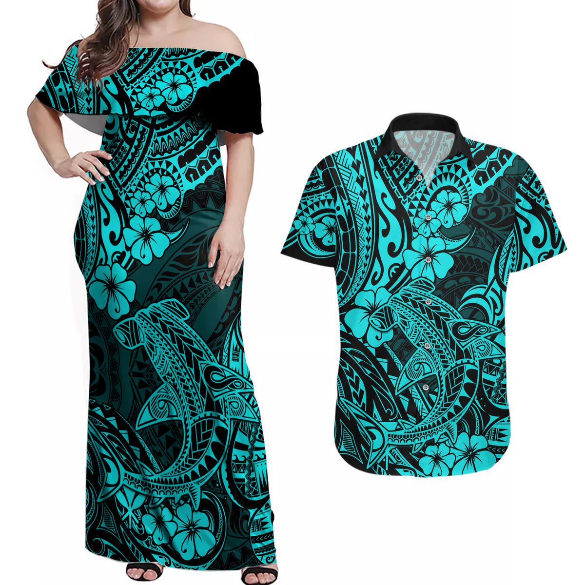 Hawaii Shark Couples Matching Off Shoulder Maxi Dress and Hawaiian Shirt Polynesian Pattern Turquoise Version - Wonder Print Shop