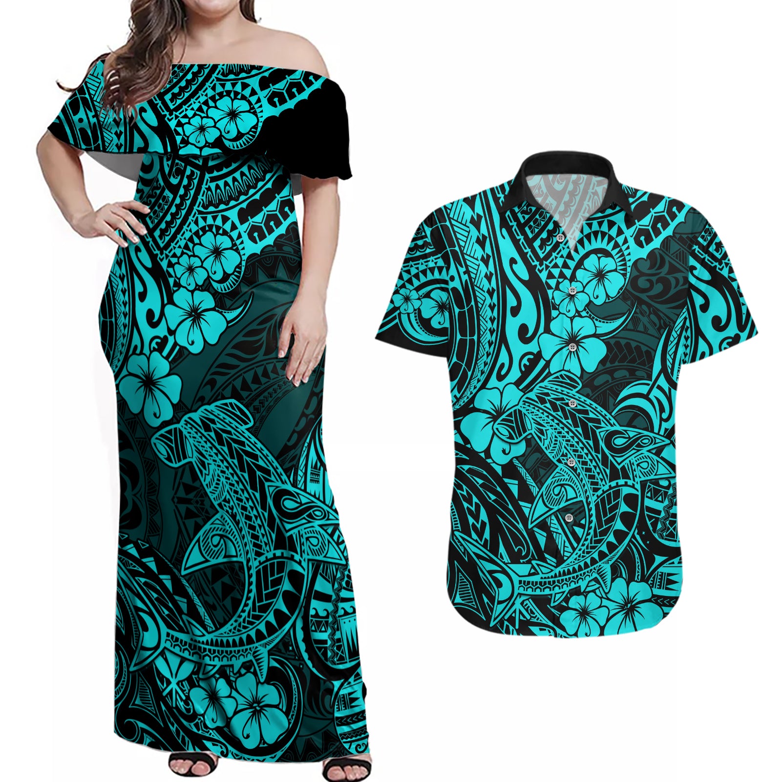Hawaii Shark Couples Matching Off Shoulder Maxi Dress and Hawaiian Shirt Polynesian Pattern Turquoise Version - Wonder Print Shop