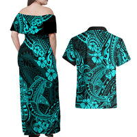Hawaii Shark Couples Matching Off Shoulder Maxi Dress and Hawaiian Shirt Polynesian Pattern Turquoise Version - Wonder Print Shop