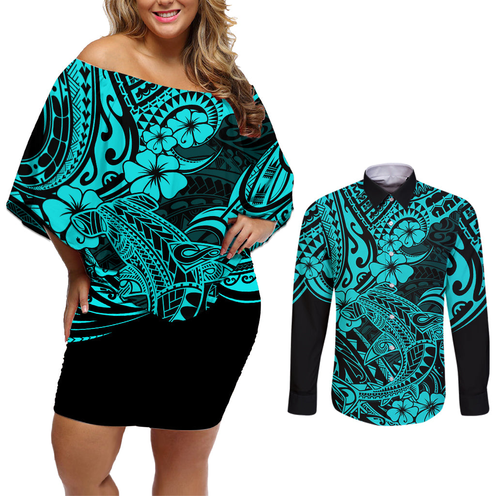 Hawaii Shark Couples Matching Off Shoulder Short Dress and Long Sleeve Button Shirts Polynesian Pattern Turquoise Version - Wonder Print Shop