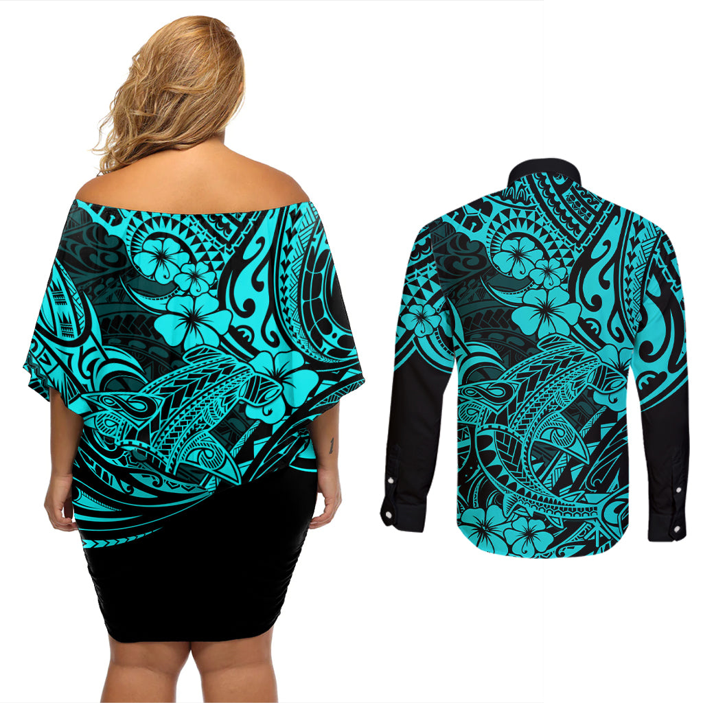 Hawaii Shark Couples Matching Off Shoulder Short Dress and Long Sleeve Button Shirts Polynesian Pattern Turquoise Version - Wonder Print Shop