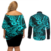 Hawaii Shark Couples Matching Off Shoulder Short Dress and Long Sleeve Button Shirts Polynesian Pattern Turquoise Version - Wonder Print Shop
