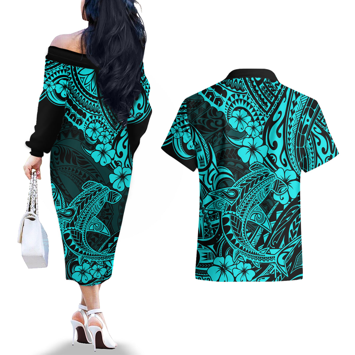 Hawaii Shark Couples Matching Off The Shoulder Long Sleeve Dress and Hawaiian Shirt Polynesian Pattern Turquoise Version - Wonder Print Shop