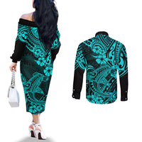 hawaii-shark-couples-matching-off-the-shoulder-long-sleeve-dress-and-long-sleeve-button-shirts-polynesian-pattern-turquoise-version