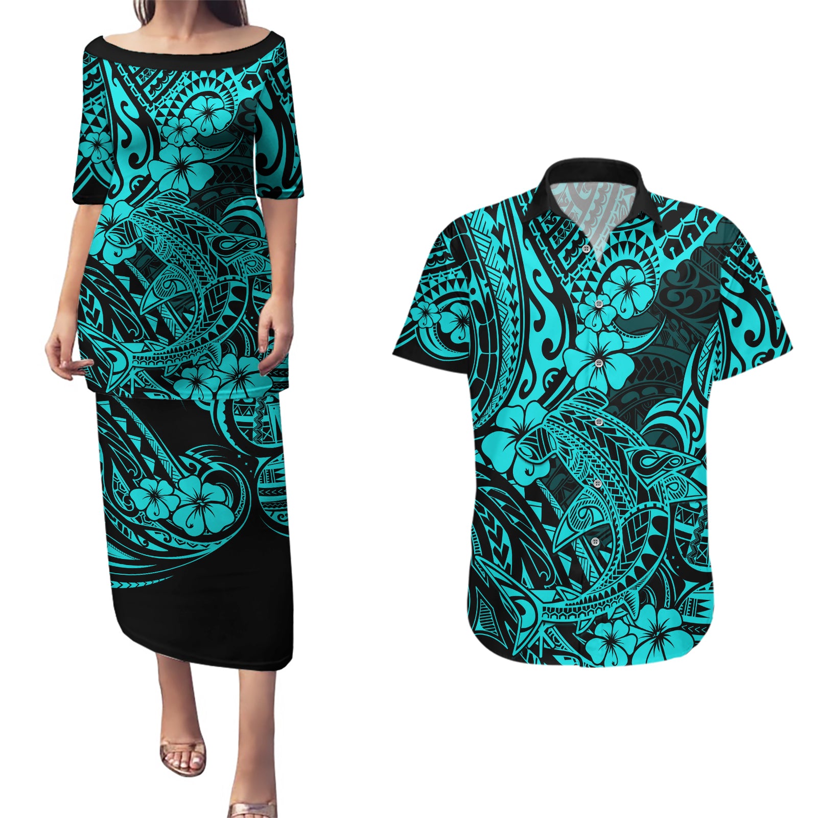 Hawaii Shark Couples Matching Puletasi Dress and Hawaiian Shirt Polynesian Pattern Turquoise Version - Wonder Print Shop