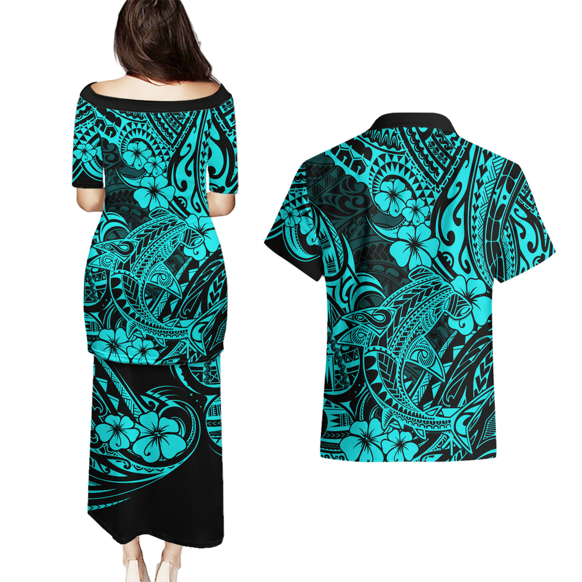 Hawaii Shark Couples Matching Puletasi Dress and Hawaiian Shirt Polynesian Pattern Turquoise Version - Wonder Print Shop