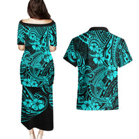 Hawaii Shark Couples Matching Puletasi Dress and Hawaiian Shirt Polynesian Pattern Turquoise Version - Wonder Print Shop