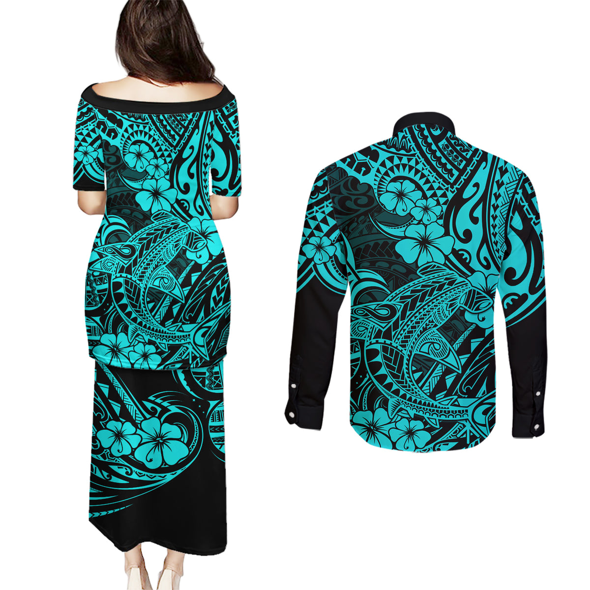 Hawaii Shark Couples Matching Puletasi Dress and Long Sleeve Button Shirts Polynesian Pattern Turquoise Version - Wonder Print Shop
