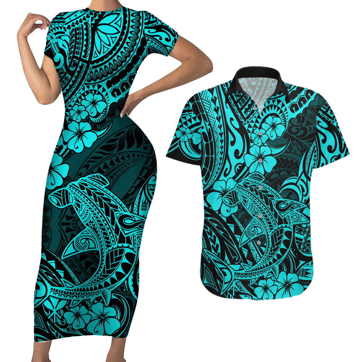 Hawaii Shark Couples Matching Short Sleeve Bodycon Dress and Hawaiian Shirt Polynesian Pattern Turquoise Version - Wonder Print Shop