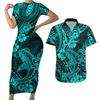 Hawaii Shark Couples Matching Short Sleeve Bodycon Dress and Hawaiian Shirt Polynesian Pattern Turquoise Version - Wonder Print Shop