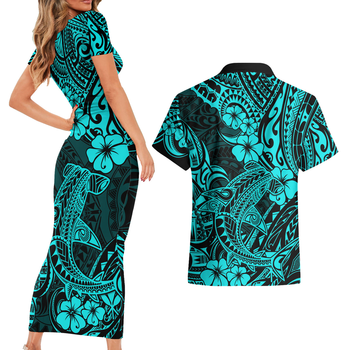 Hawaii Shark Couples Matching Short Sleeve Bodycon Dress and Hawaiian Shirt Polynesian Pattern Turquoise Version - Wonder Print Shop