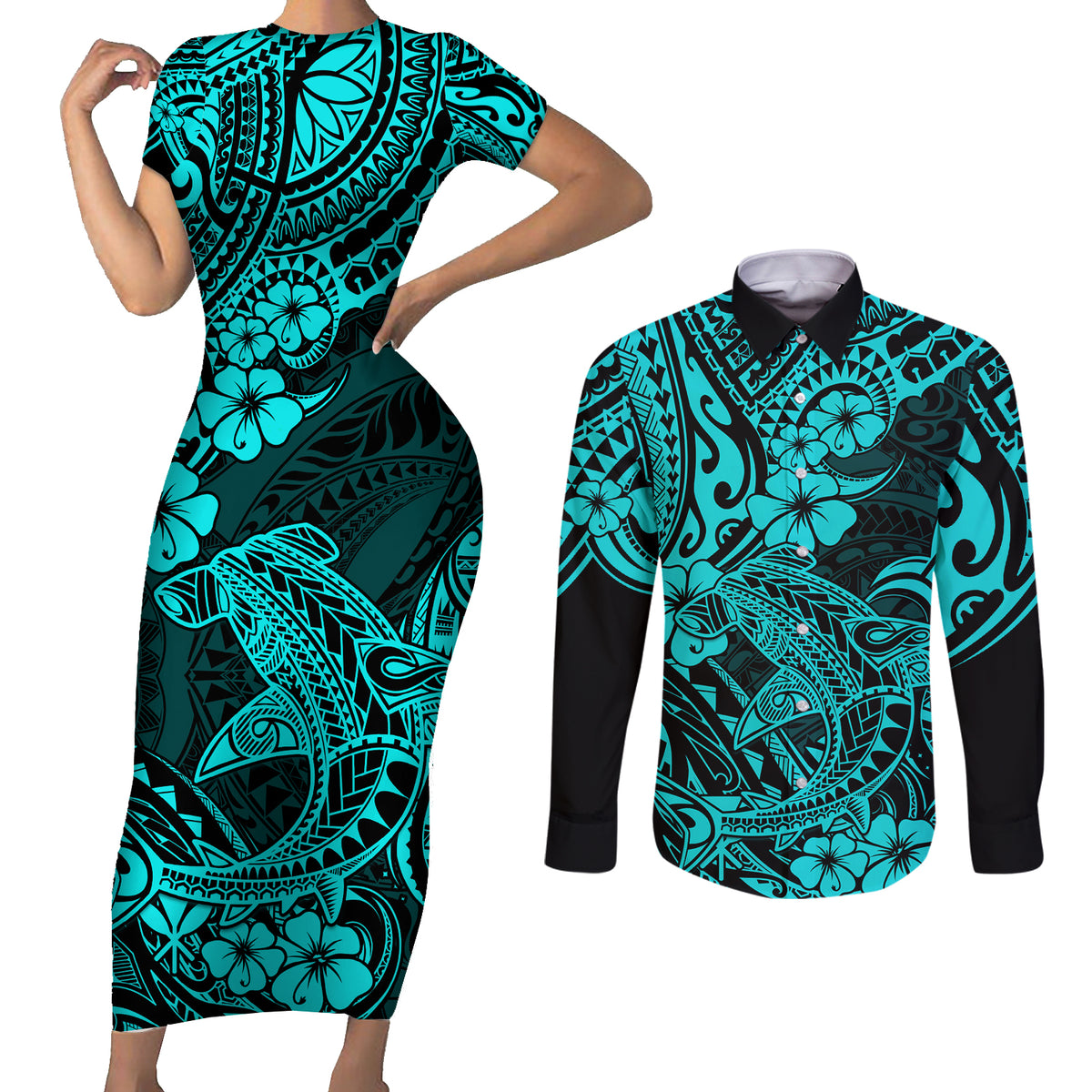 Hawaii Shark Couples Matching Short Sleeve Bodycon Dress and Long Sleeve Button Shirts Polynesian Pattern Turquoise Version - Wonder Print Shop