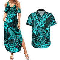 Hawaii Shark Couples Matching Summer Maxi Dress and Hawaiian Shirt Polynesian Pattern Turquoise Version - Wonder Print Shop