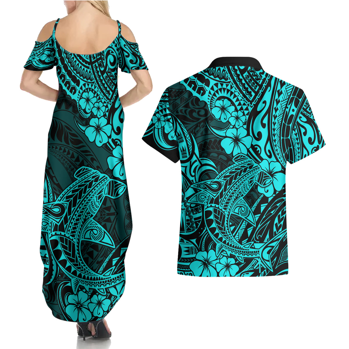 Hawaii Shark Couples Matching Summer Maxi Dress and Hawaiian Shirt Polynesian Pattern Turquoise Version - Wonder Print Shop