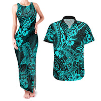 Hawaii Shark Couples Matching Tank Maxi Dress and Hawaiian Shirt Polynesian Pattern Turquoise Version - Wonder Print Shop