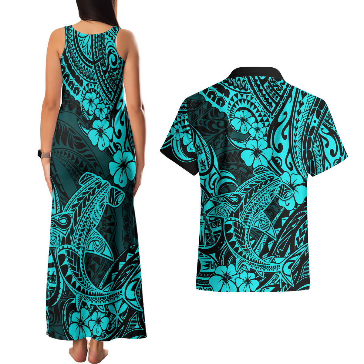 Hawaii Shark Couples Matching Tank Maxi Dress and Hawaiian Shirt Polynesian Pattern Turquoise Version - Wonder Print Shop