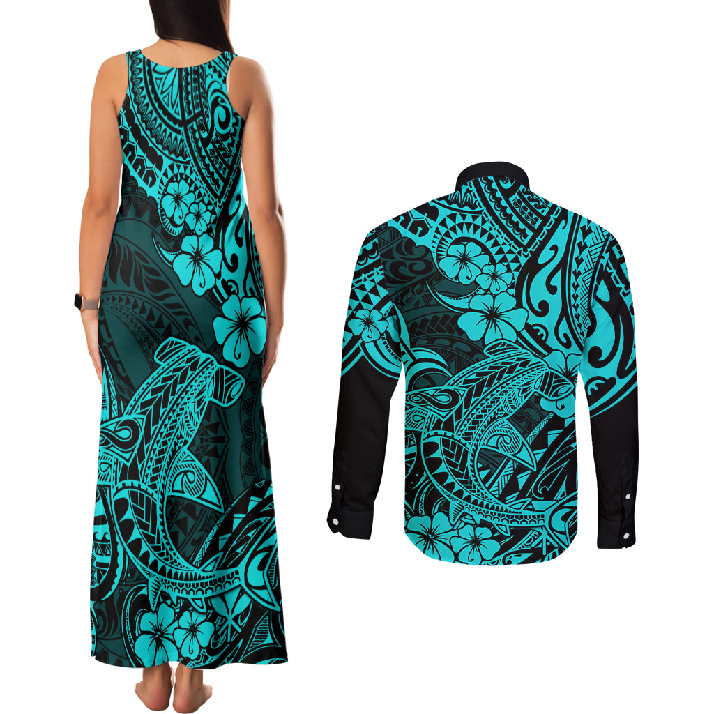 Hawaii Shark Couples Matching Tank Maxi Dress and Long Sleeve Button Shirts Polynesian Pattern Turquoise Version - Wonder Print Shop