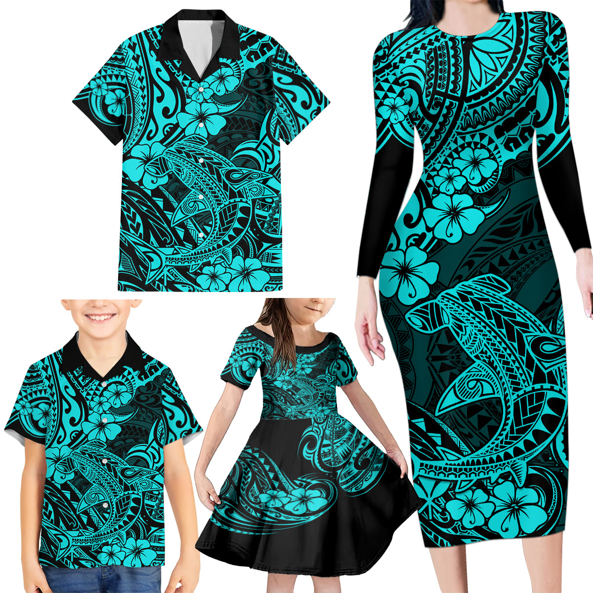 Hawaii Shark Family Matching Long Sleeve Bodycon Dress and Hawaiian Shirt Polynesian Pattern Turquoise Version - Wonder Print Shop