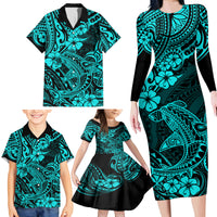 Hawaii Shark Family Matching Long Sleeve Bodycon Dress and Hawaiian Shirt Polynesian Pattern Turquoise Version - Wonder Print Shop