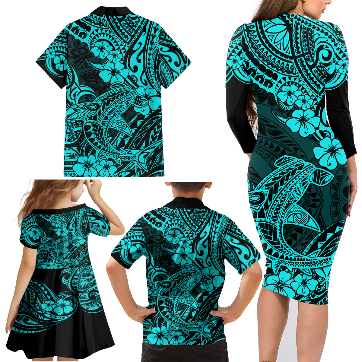 Hawaii Shark Family Matching Long Sleeve Bodycon Dress and Hawaiian Shirt Polynesian Pattern Turquoise Version - Wonder Print Shop