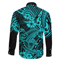 Hawaii Shark Family Matching Long Sleeve Bodycon Dress and Hawaiian Shirt Polynesian Pattern Turquoise Version - Wonder Print Shop