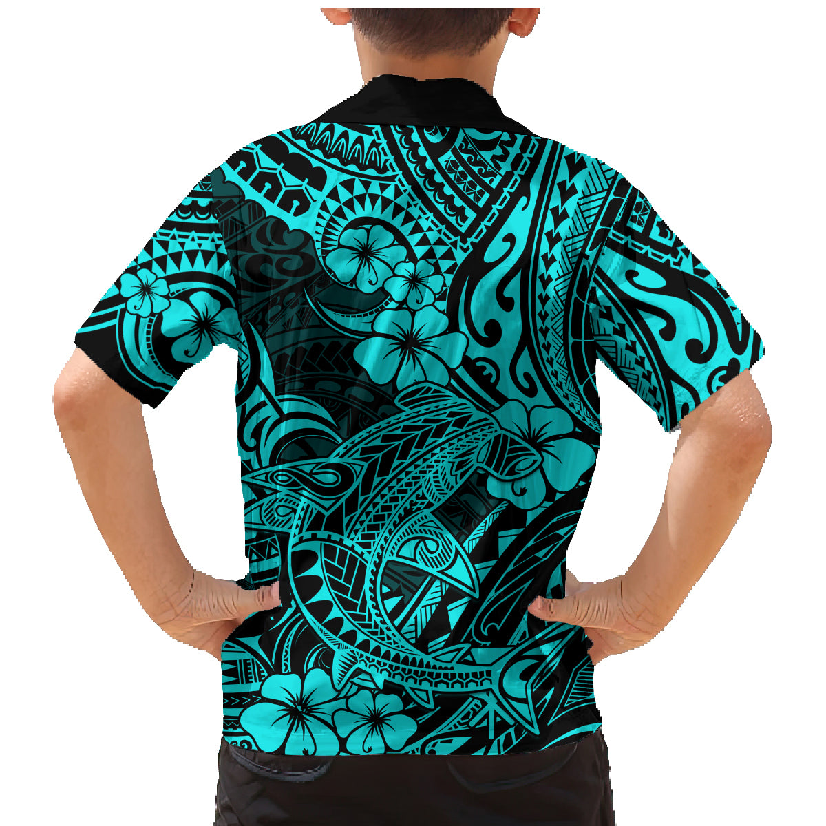 Hawaii Shark Family Matching Mermaid Dress and Hawaiian Shirt Polynesian Pattern Turquoise Version - Wonder Print Shop