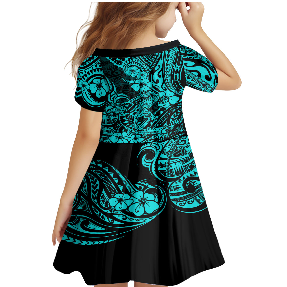 Hawaii Shark Family Matching Mermaid Dress and Hawaiian Shirt Polynesian Pattern Turquoise Version - Wonder Print Shop