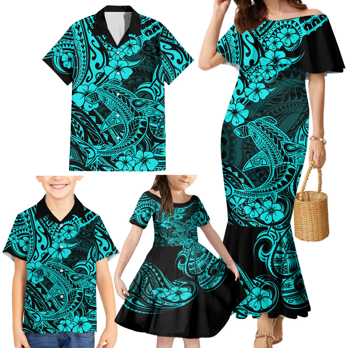 Hawaii Shark Family Matching Mermaid Dress and Hawaiian Shirt Polynesian Pattern Turquoise Version - Wonder Print Shop