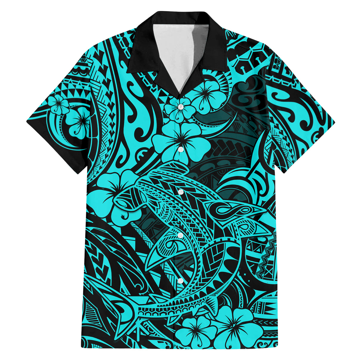Hawaii Shark Family Matching Mermaid Dress and Hawaiian Shirt Polynesian Pattern Turquoise Version - Wonder Print Shop