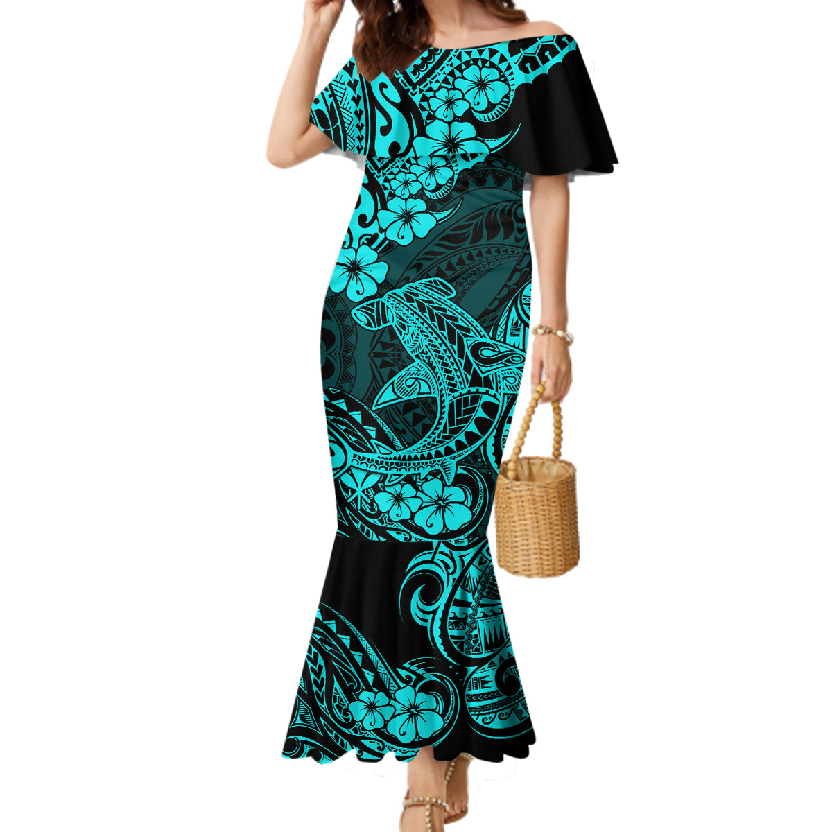 Hawaii Shark Family Matching Mermaid Dress and Hawaiian Shirt Polynesian Pattern Turquoise Version - Wonder Print Shop