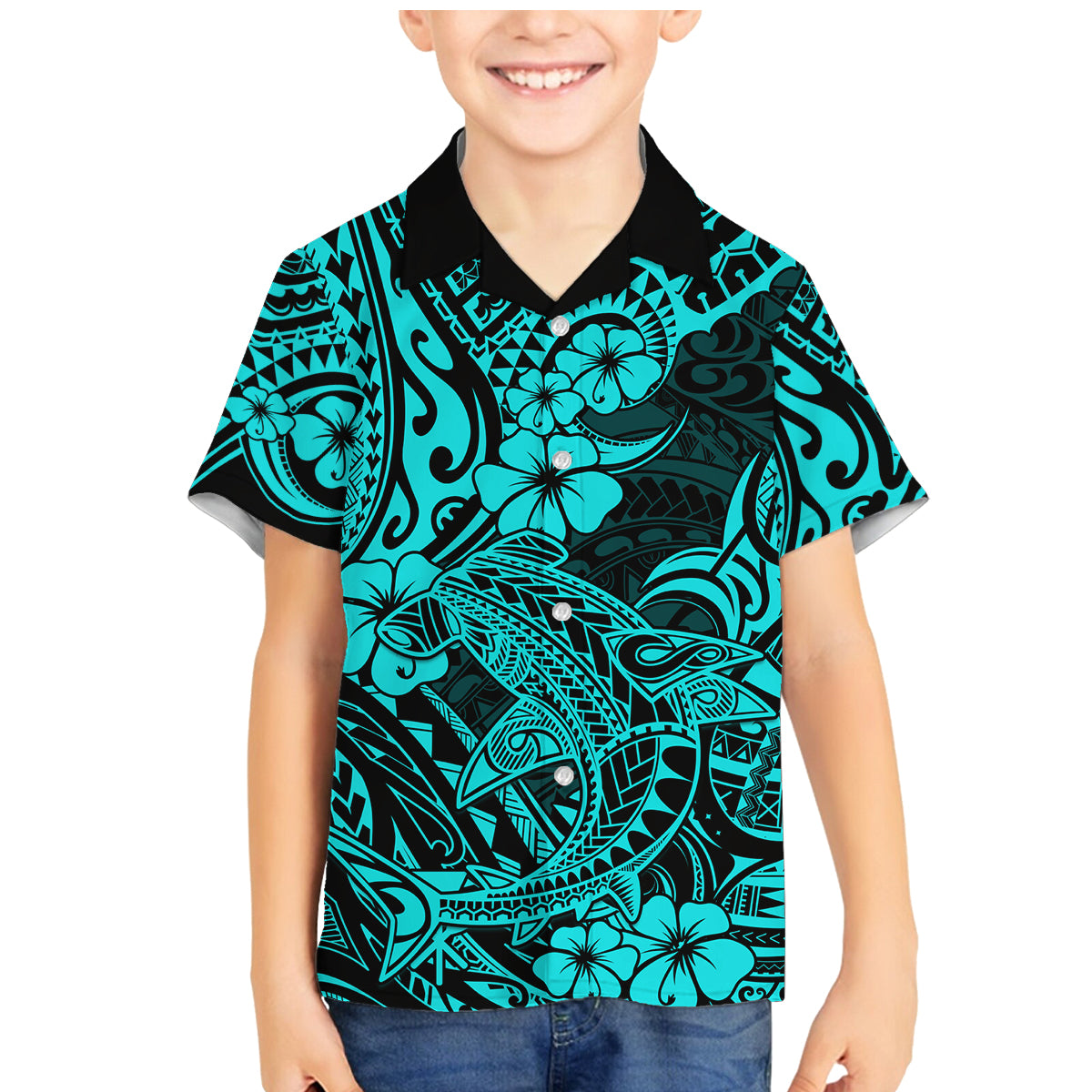 Hawaii Shark Family Matching Mermaid Dress and Hawaiian Shirt Polynesian Pattern Turquoise Version - Wonder Print Shop