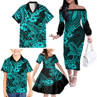 Hawaii Shark Family Matching Off Shoulder Long Sleeve Dress and Hawaiian Shirt Polynesian Pattern Turquoise Version - Wonder Print Shop