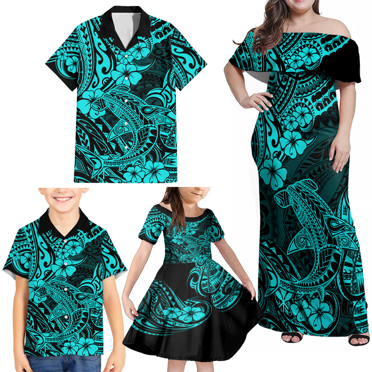 Hawaii Shark Family Matching Off Shoulder Maxi Dress and Hawaiian Shirt Polynesian Pattern Turquoise Version - Wonder Print Shop