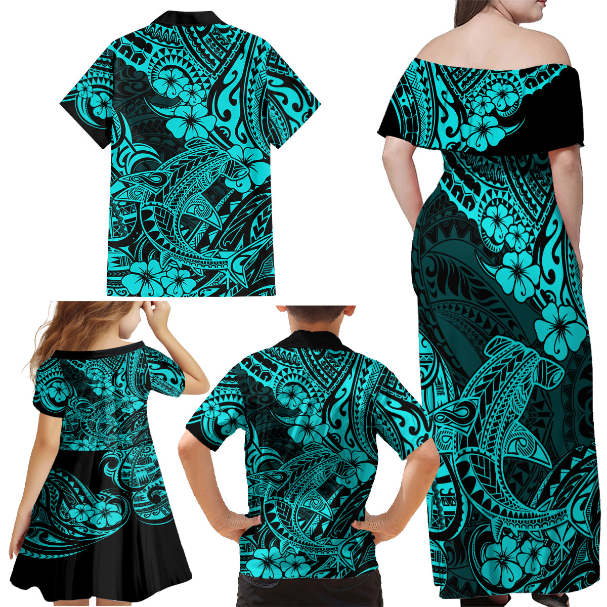 Hawaii Shark Family Matching Off Shoulder Maxi Dress and Hawaiian Shirt Polynesian Pattern Turquoise Version - Wonder Print Shop
