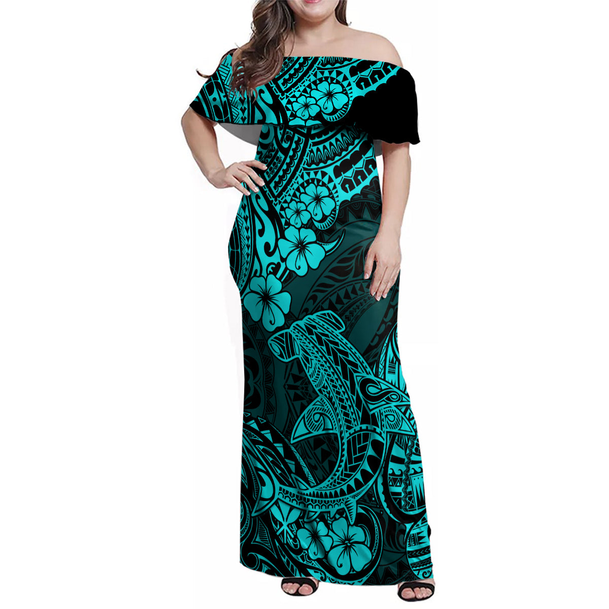 Hawaii Shark Family Matching Off Shoulder Maxi Dress and Hawaiian Shirt Polynesian Pattern Turquoise Version - Wonder Print Shop