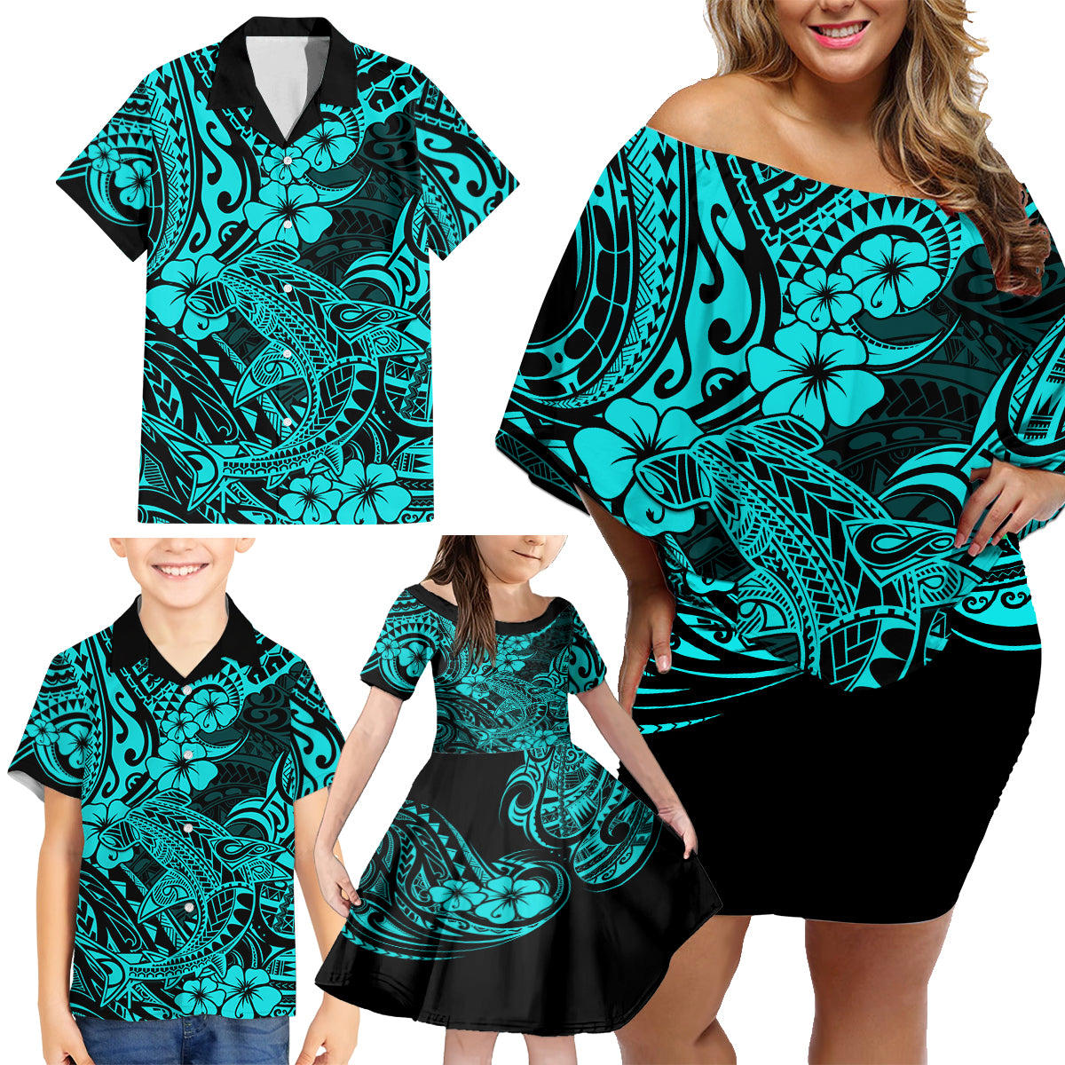 Hawaii Shark Family Matching Off Shoulder Short Dress and Hawaiian Shirt Polynesian Pattern Turquoise Version - Wonder Print Shop