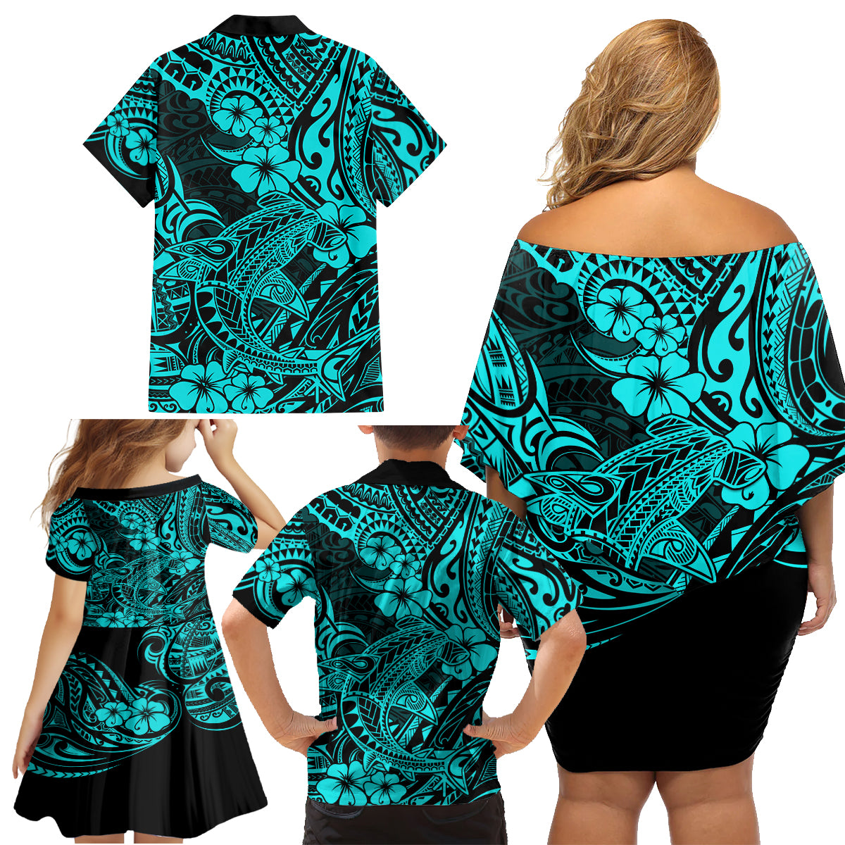 Hawaii Shark Family Matching Off Shoulder Short Dress and Hawaiian Shirt Polynesian Pattern Turquoise Version - Wonder Print Shop