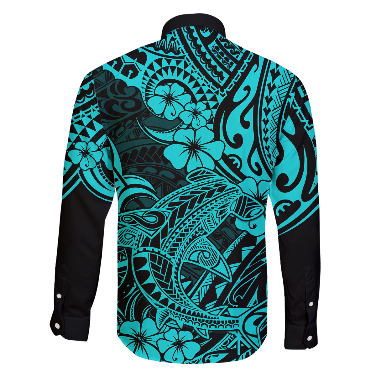 Hawaii Shark Family Matching Off Shoulder Short Dress and Hawaiian Shirt Polynesian Pattern Turquoise Version - Wonder Print Shop