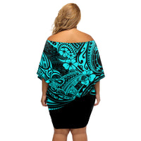Hawaii Shark Family Matching Off Shoulder Short Dress and Hawaiian Shirt Polynesian Pattern Turquoise Version - Wonder Print Shop
