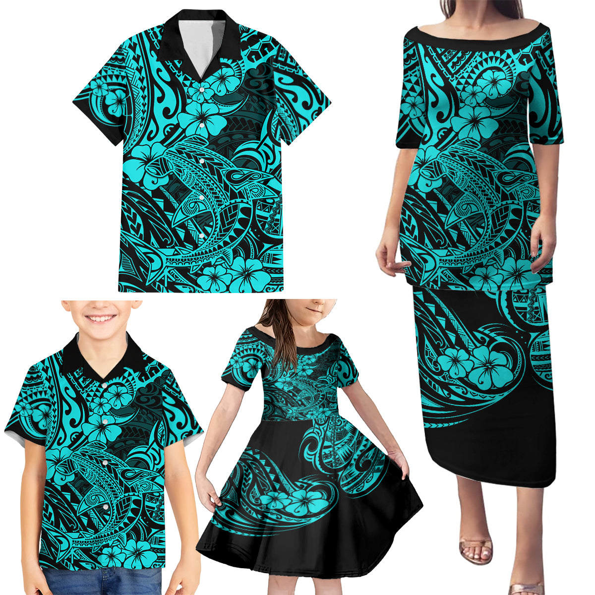 Hawaii Shark Family Matching Puletasi Dress and Hawaiian Shirt Polynesian Pattern Turquoise Version - Wonder Print Shop