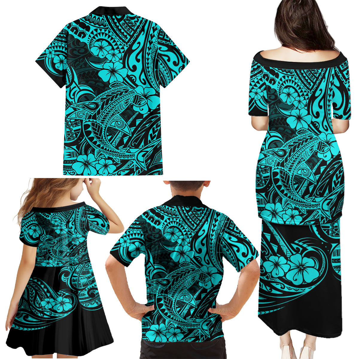 Hawaii Shark Family Matching Puletasi Dress and Hawaiian Shirt Polynesian Pattern Turquoise Version - Wonder Print Shop