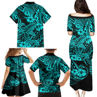 Hawaii Shark Family Matching Puletasi Dress and Hawaiian Shirt Polynesian Pattern Turquoise Version - Wonder Print Shop