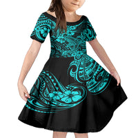Hawaii Shark Family Matching Short Sleeve Bodycon Dress and Hawaiian Shirt Polynesian Pattern Turquoise Version - Wonder Print Shop