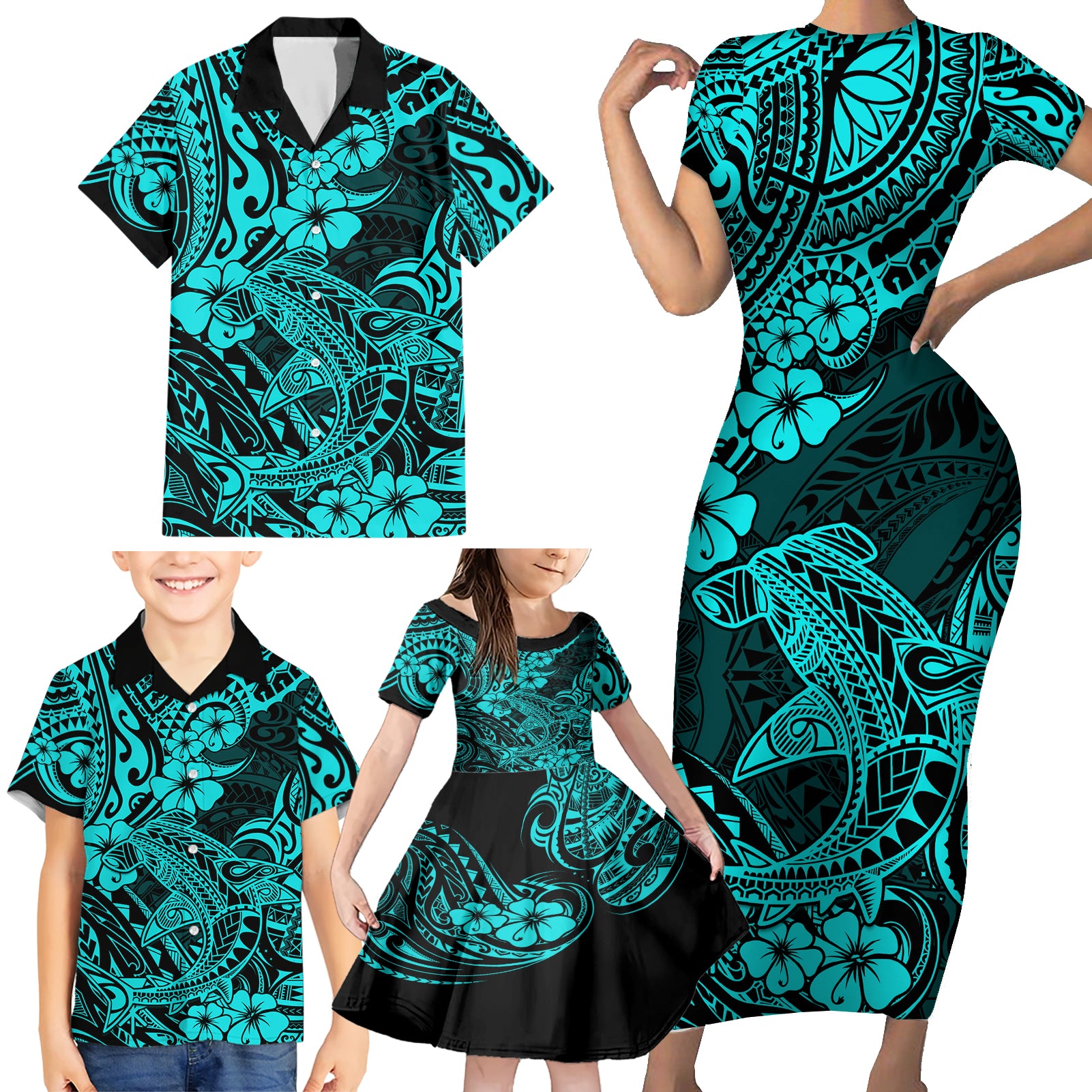 Hawaii Shark Family Matching Short Sleeve Bodycon Dress and Hawaiian Shirt Polynesian Pattern Turquoise Version - Wonder Print Shop